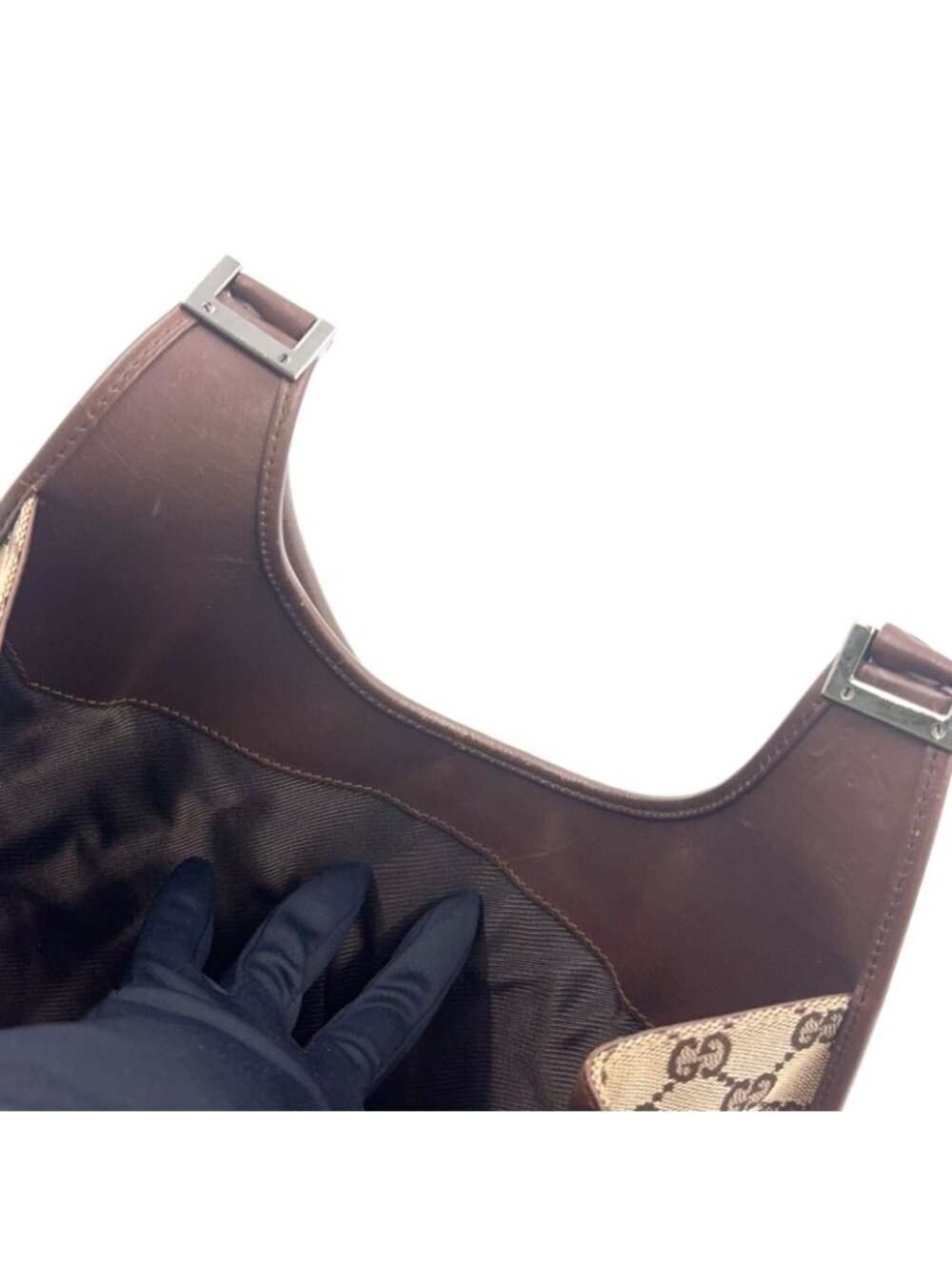 Gucci Jackie Leather Canvas Brown Beige Handbag Silver - Picture 12 of 15